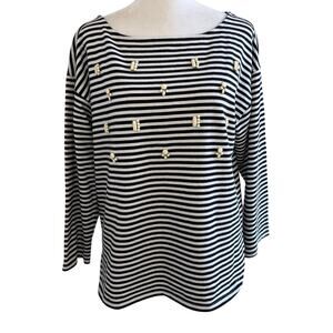 Banana Republic Medium Black White Stripe Beaded Detail Shirt Cotton Crew